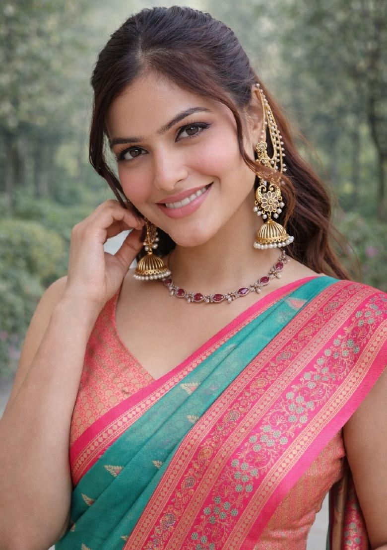 Turquoise Embroidered Banarasi Silk Blend Saree Set - Indya