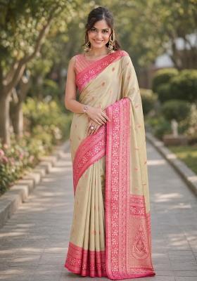 Cream Embroidered Banarasi Silk Blend Saree Set
