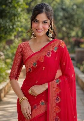 Pink Embroidered Banarasi Silk Blend Saree Set
