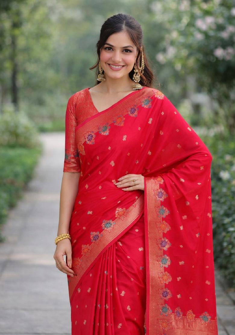 Pink Embroidered Banarasi Silk Blend Saree Set - Indya