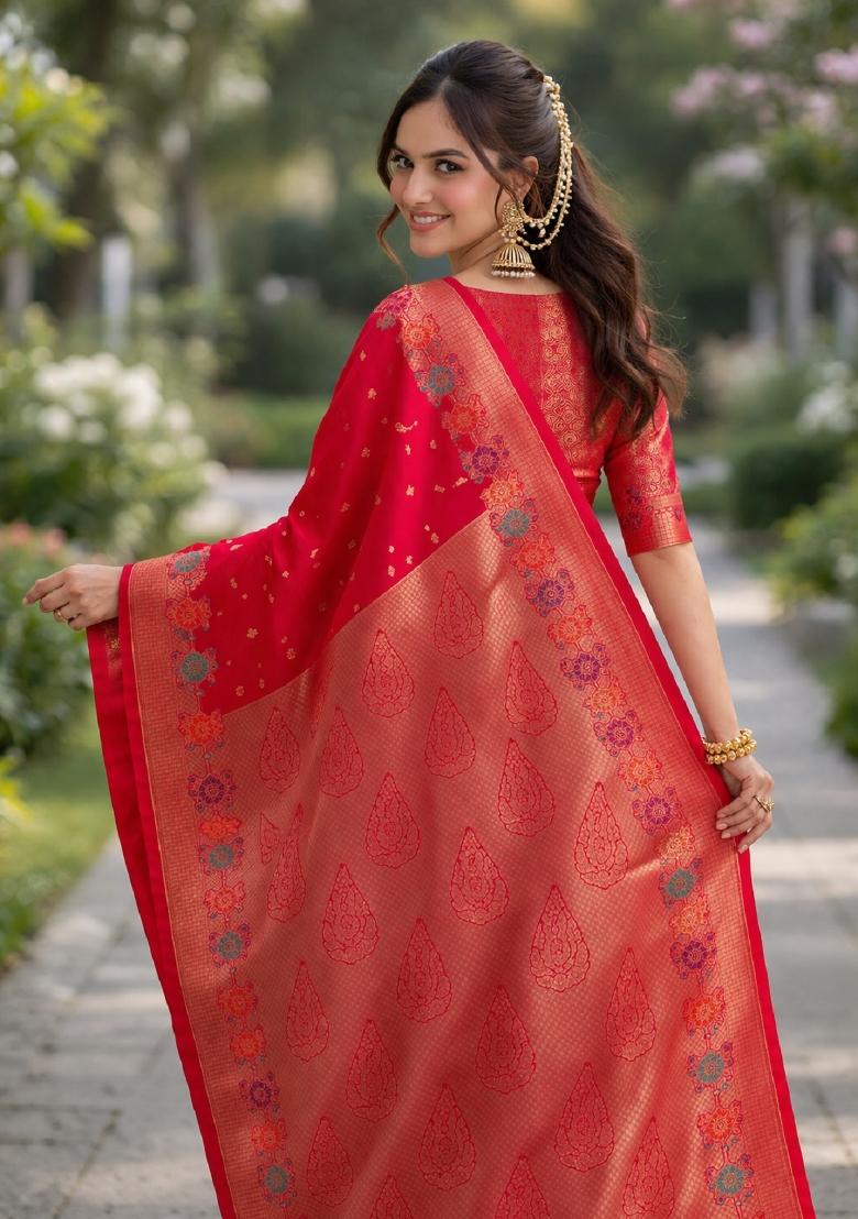 Pink Embroidered Banarasi Silk Blend Saree Set - Indya