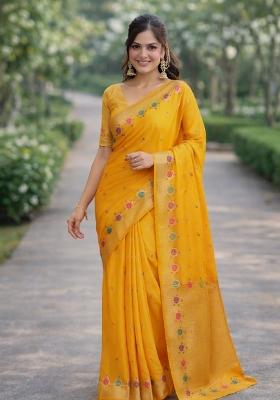 Yellow Embroidered Banarasi Silk Blend Saree Set