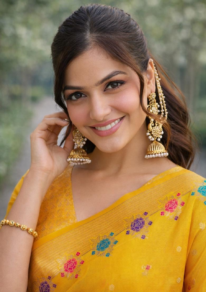 Yellow Embroidered Banarasi Silk Blend Saree Set - Indya