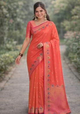 Orange Embroidered Banarasi Silk Blend Saree Set