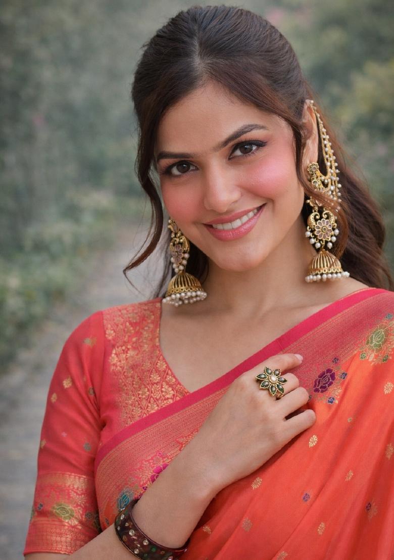 Orange Embroidered Banarasi Silk Blend Saree Set - Indya