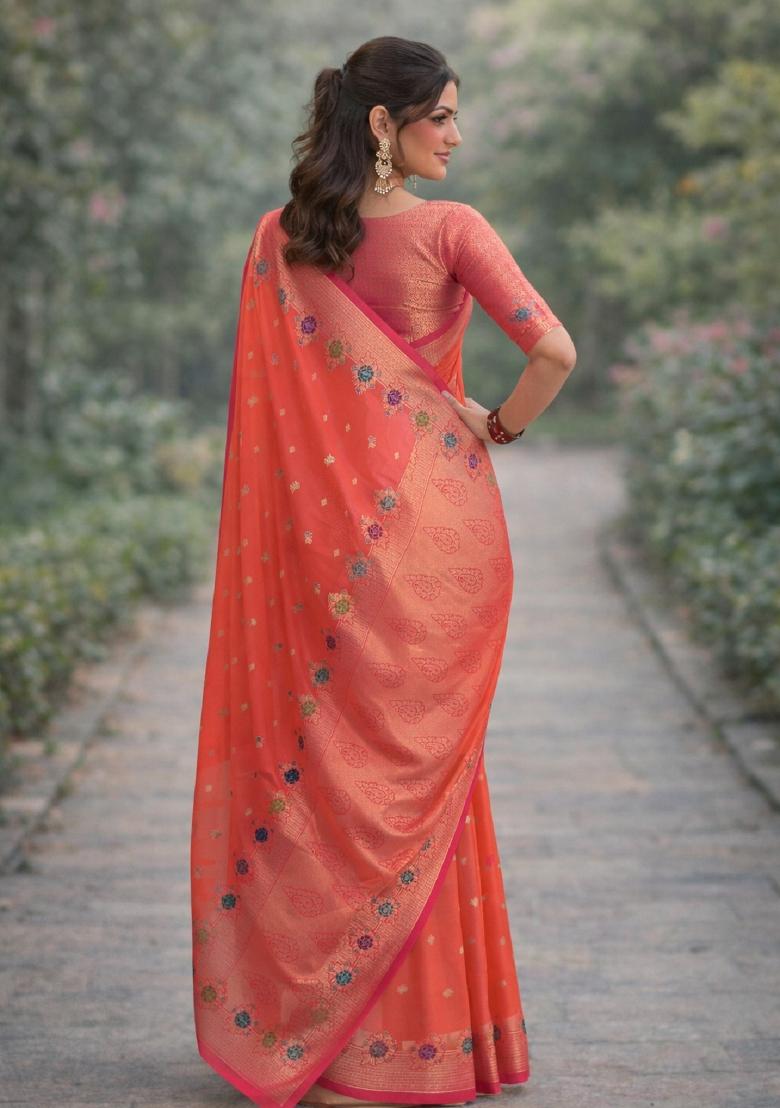 Orange Embroidered Banarasi Silk Blend Saree Set - Indya