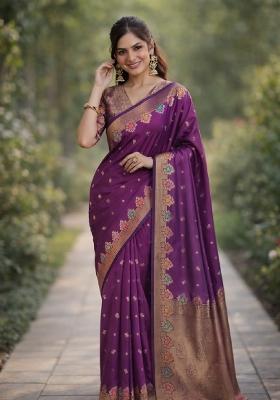 Wine Embroidered Banarasi Silk Blend Saree Set