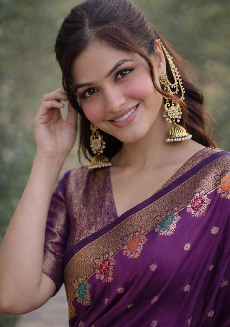 Wine Embroidered Banarasi Silk Blend Saree Set - Indya