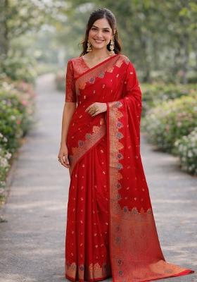 Red Embroidered Banarasi Silk Blend Saree Set