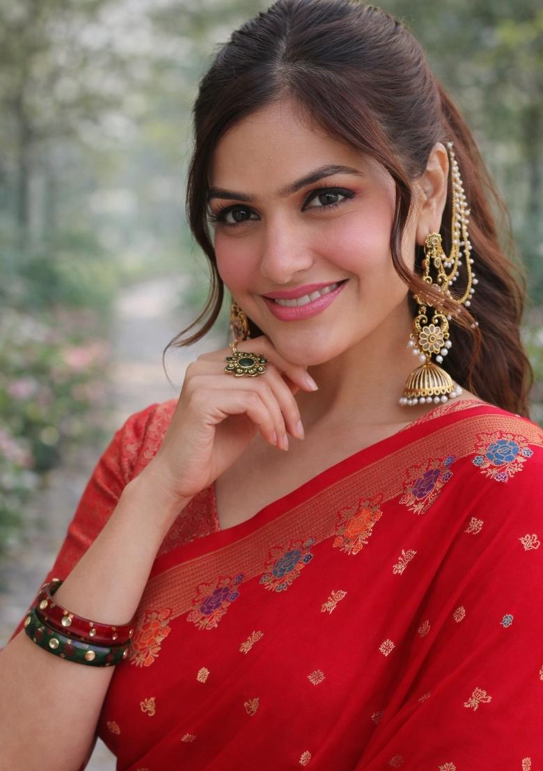 Red Embroidered Banarasi Silk Blend Saree Set - Indya