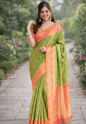 Mehendi Embroidered Banarasi Silk Blend Saree Set
