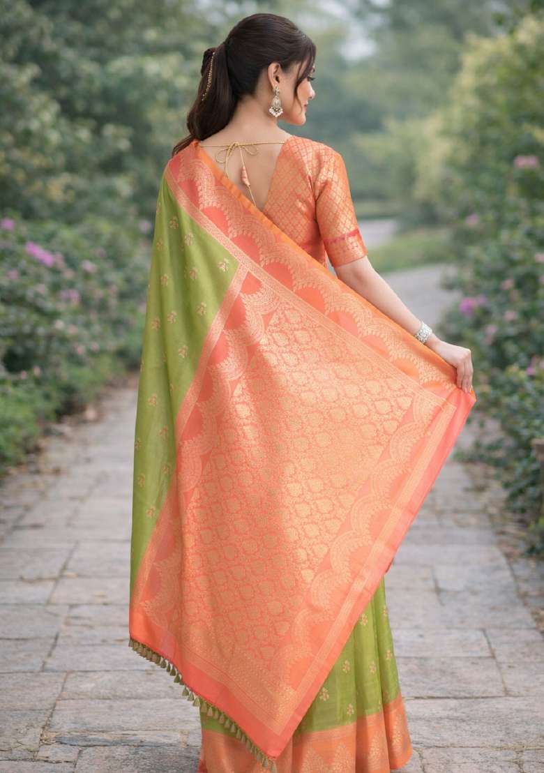 Mehendi Embroidered Banarasi Silk Blend Saree Set - Indya
