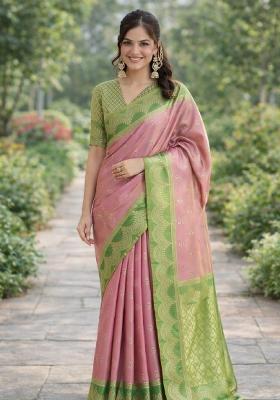 Pink Embroidered Banarasi Silk Blend Saree Set