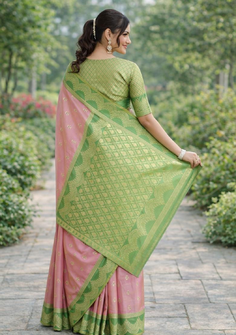 Pink Embroidered Banarasi Silk Blend Saree Set - Indya
