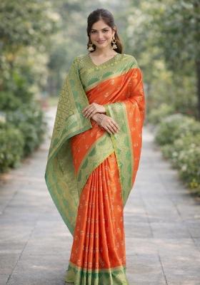 Orange Embroidered Banarasi Silk Blend Saree Set