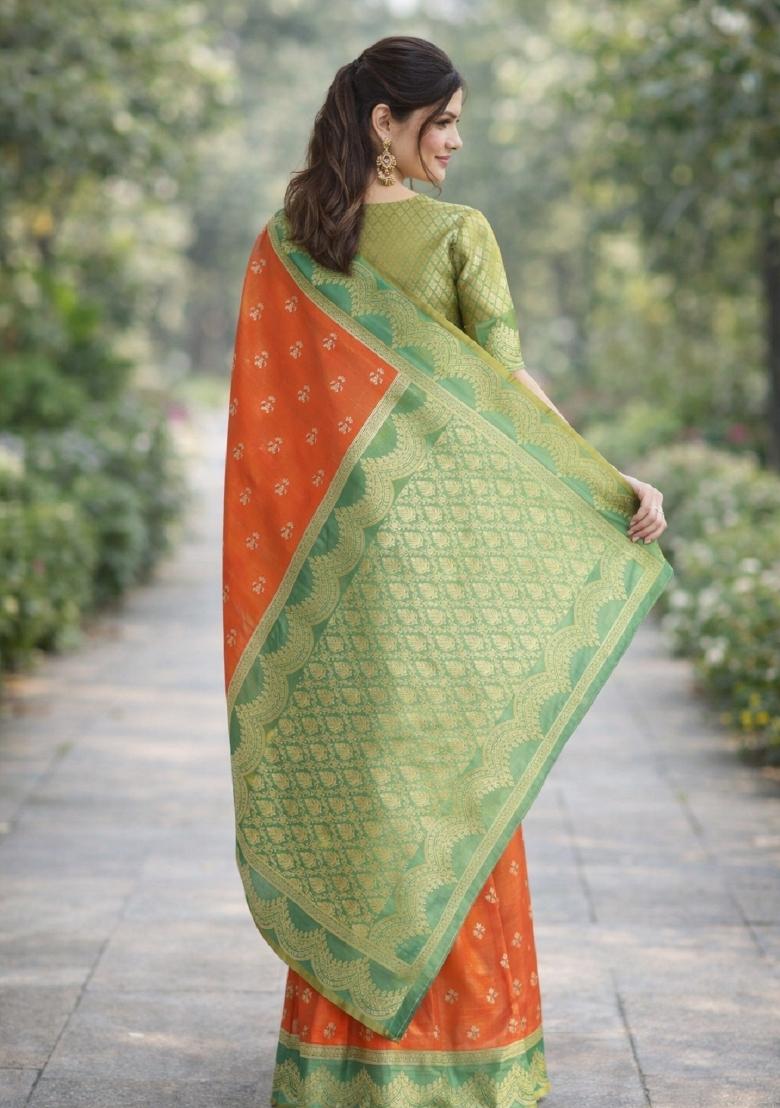 Orange Embroidered Banarasi Silk Blend Saree Set - Indya