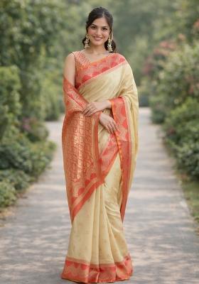 Cream Embroidered Banarasi Silk Blend Saree Set
