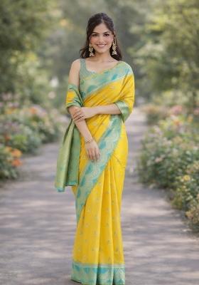 Yellow Embroidered Banarasi Silk Blend Saree Set