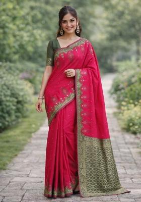 Pink Embroidered Banarasi Silk Blend Saree Set