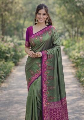Sea Green Embroidered Banarasi Silk Blend Saree Set