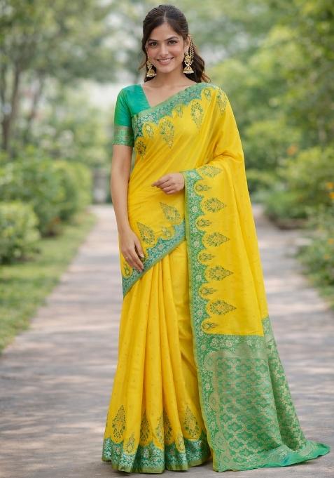 Yellow Embroidered Banarasi Silk Blend Saree Set