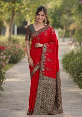 Red Embroidered Banarasi Silk Blend Saree Set