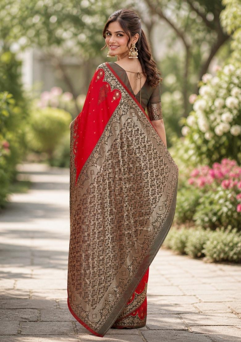 Red Embroidered Banarasi Silk Blend Saree Set - Indya