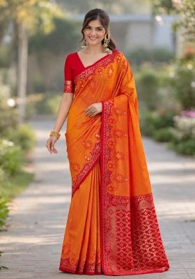 Orange Embroidered Banarasi Silk Blend Saree Set