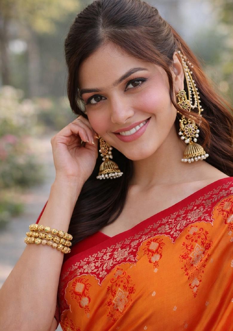Orange Embroidered Banarasi Silk Blend Saree Set - Indya