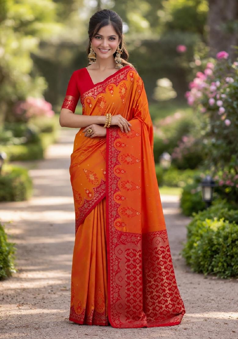 Orange Embroidered Banarasi Silk Blend Saree Set - Indya