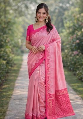 Baby Pink Embroidered Banarasi Silk Blend Saree Set