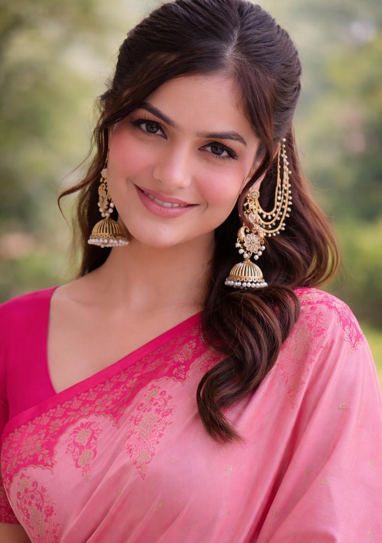 Baby Pink Embroidered Banarasi Silk Blend Saree Set - Indya