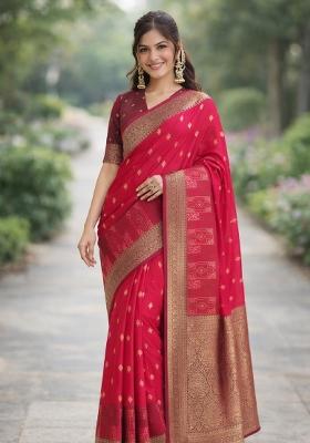 Pink Embroidered Banarasi Silk Blend Saree Set