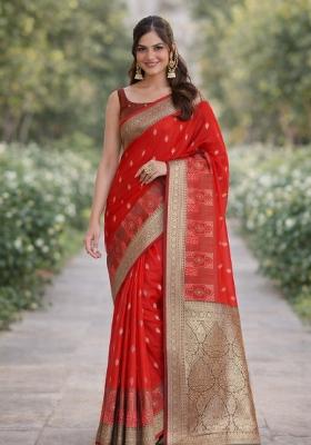 Red Embroidered Banarasi Silk Blend Saree Set