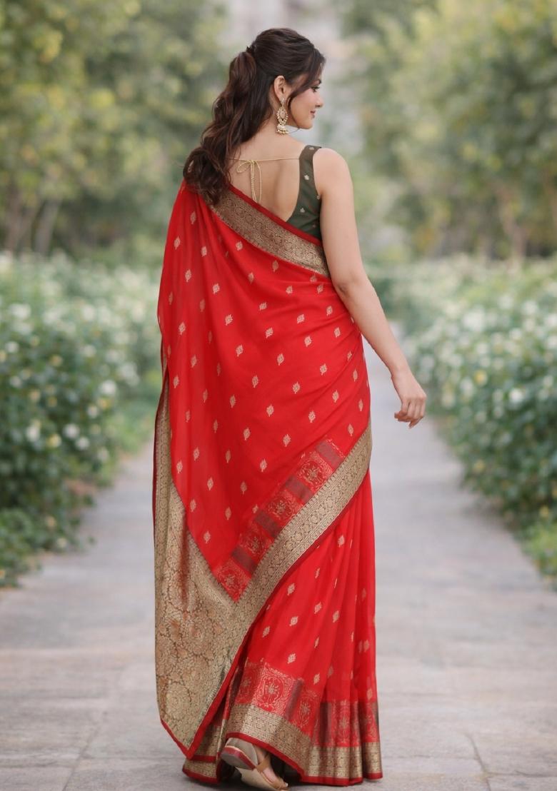 Red Embroidered Banarasi Silk Blend Saree Set - Indya