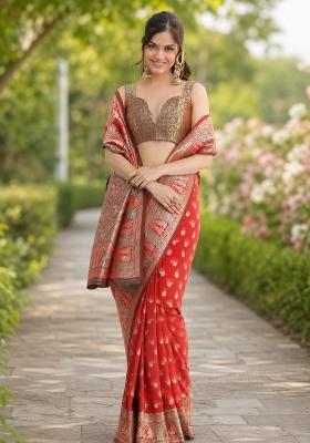Red Embroidered Banarasi Silk Blend Saree Set