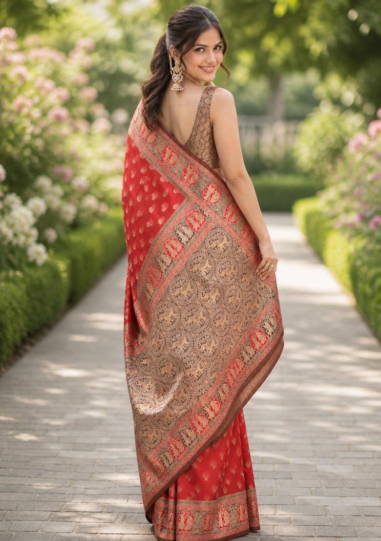 Red Embroidered Banarasi Silk Blend Saree Set - Indya