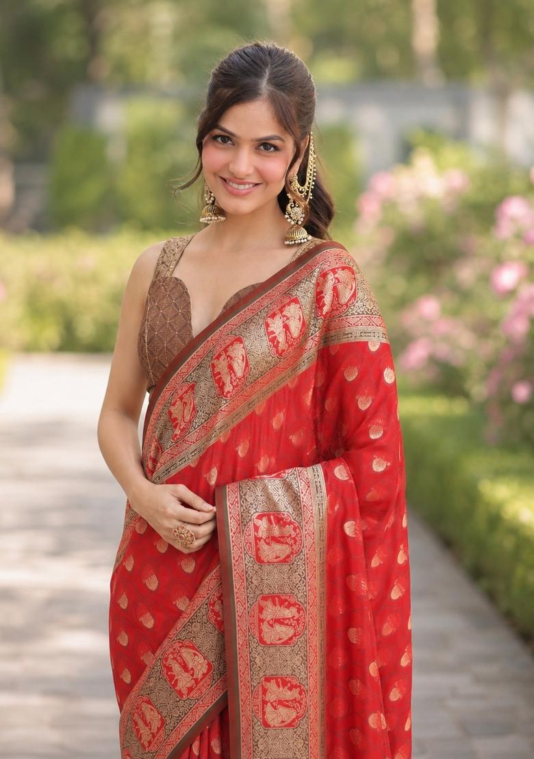 Red Embroidered Banarasi Silk Blend Saree Set - Indya