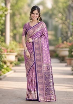 Lavender Embroidered Banarasi Silk Blend Saree Set
