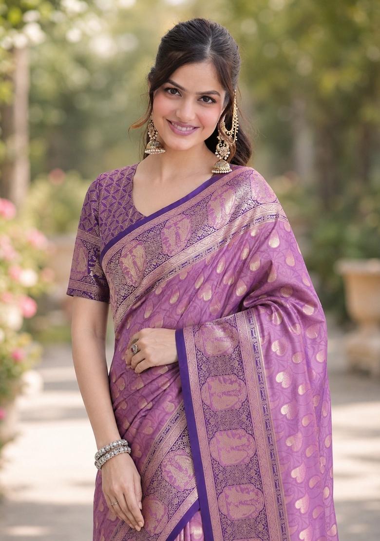 Lavender Embroidered Banarasi Silk Blend Saree Set - Indya