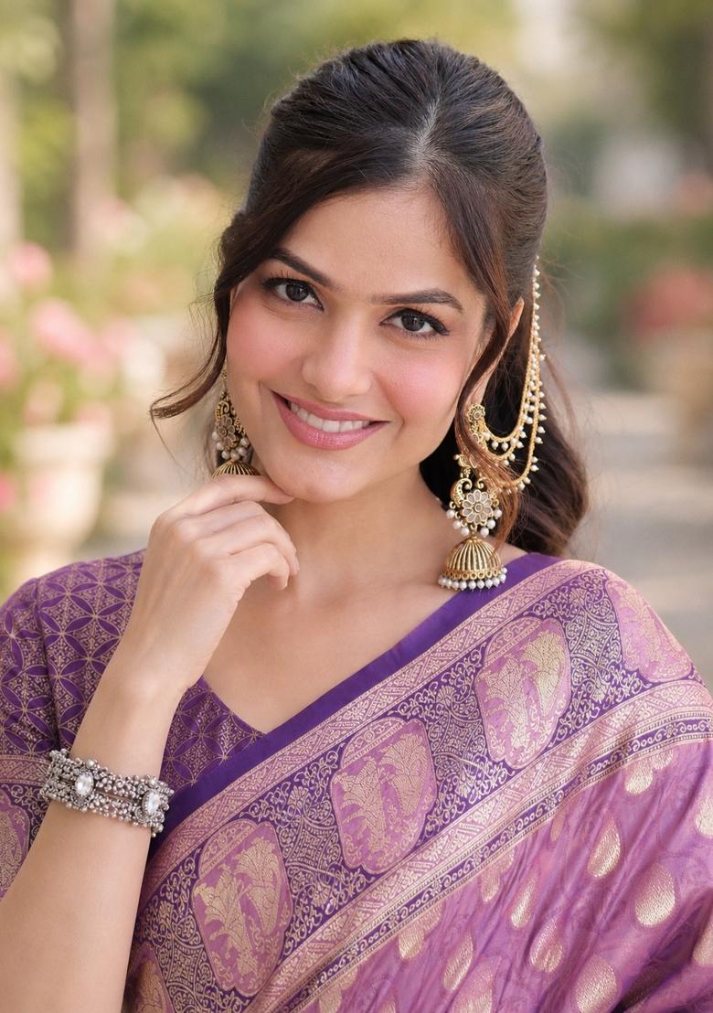 Lavender Embroidered Banarasi Silk Blend Saree Set - Indya