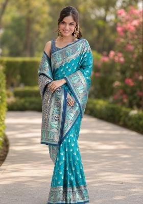 Turquoise Embroidered Banarasi Silk Blend Saree Set