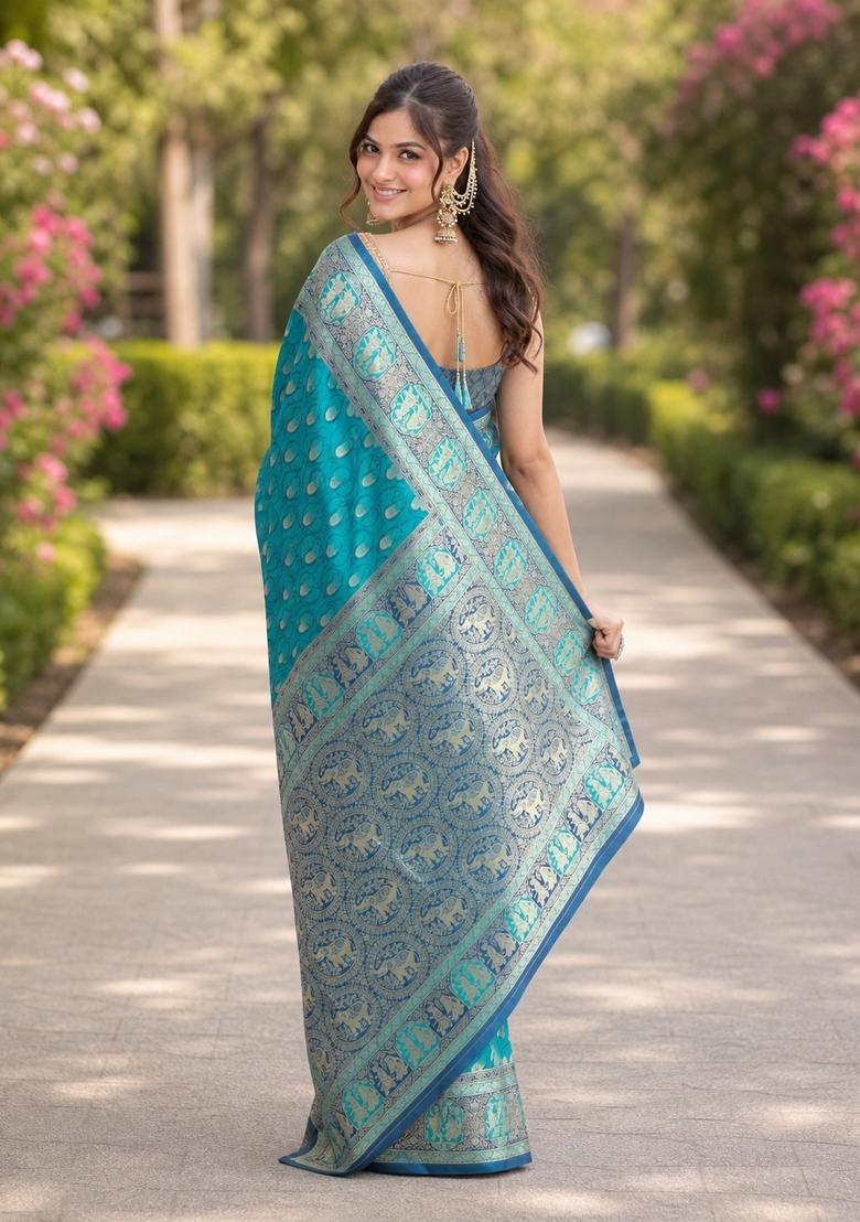 Turquoise Embroidered Banarasi Silk Blend Saree Set - Indya