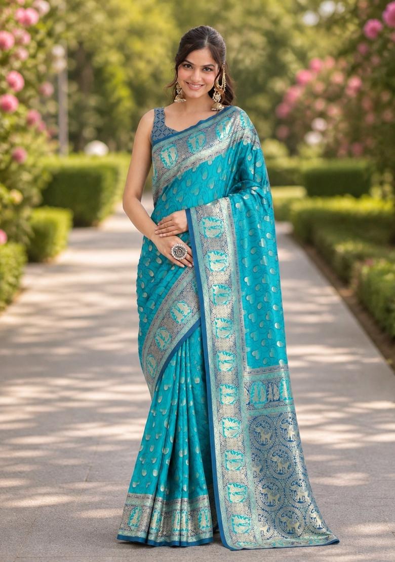 Turquoise Embroidered Banarasi Silk Blend Saree Set - Indya