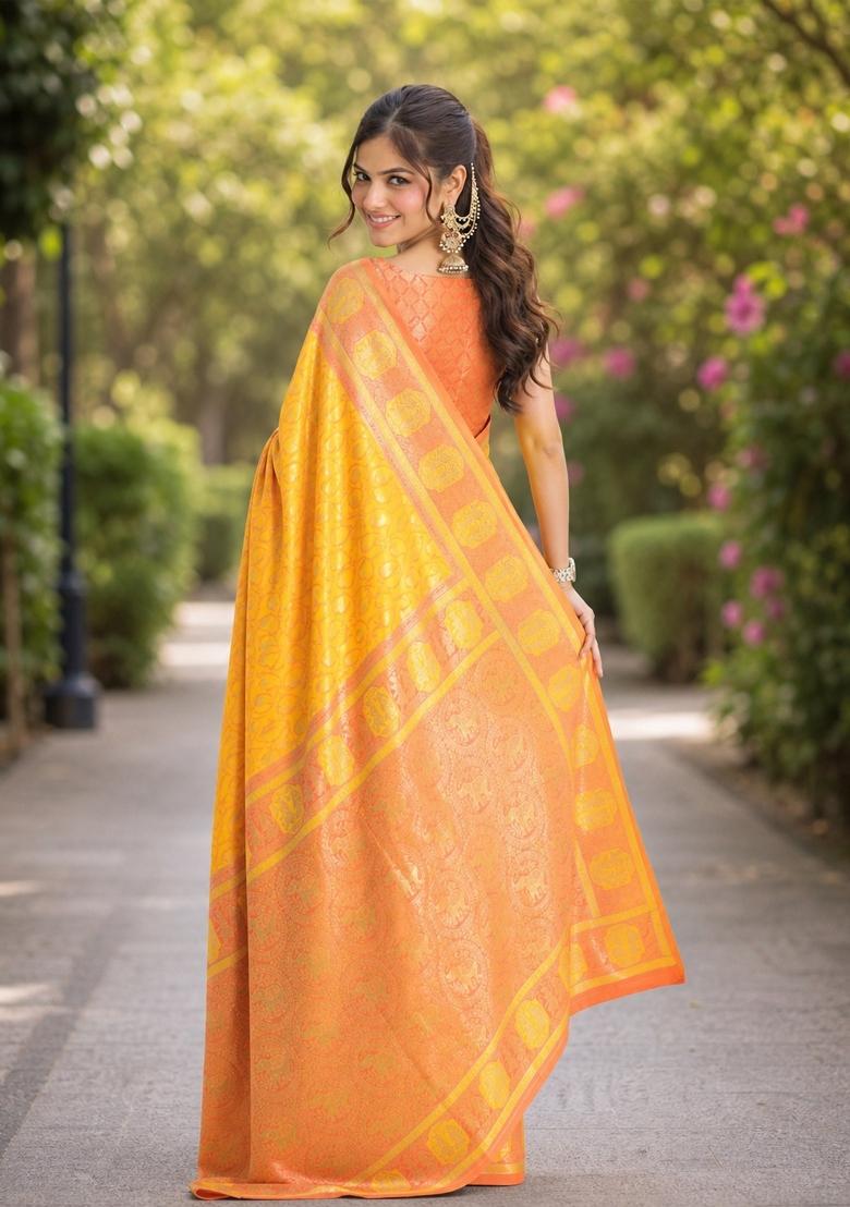 Yellow Embroidered Banarasi Silk Blend Saree Set - Indya