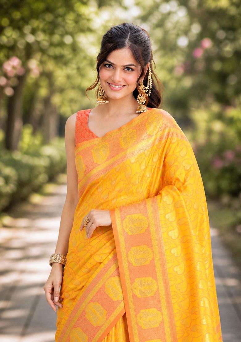 Yellow Embroidered Banarasi Silk Blend Saree Set - Indya