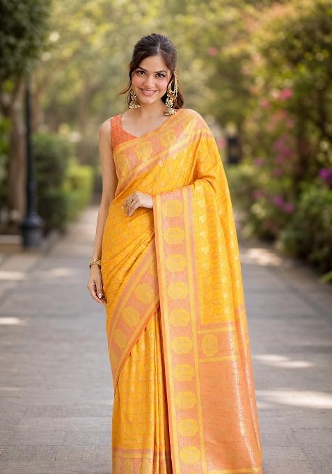 Yellow Embroidered Banarasi Silk Blend Saree Set