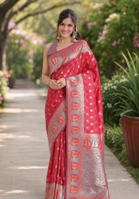 Pink Embroidered Banarasi Silk Blend Saree Set