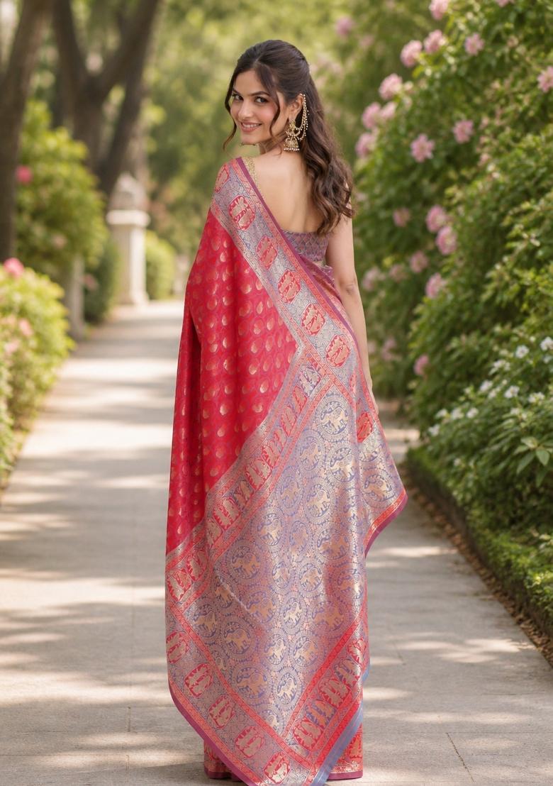 Pink Embroidered Banarasi Silk Blend Saree Set - Indya