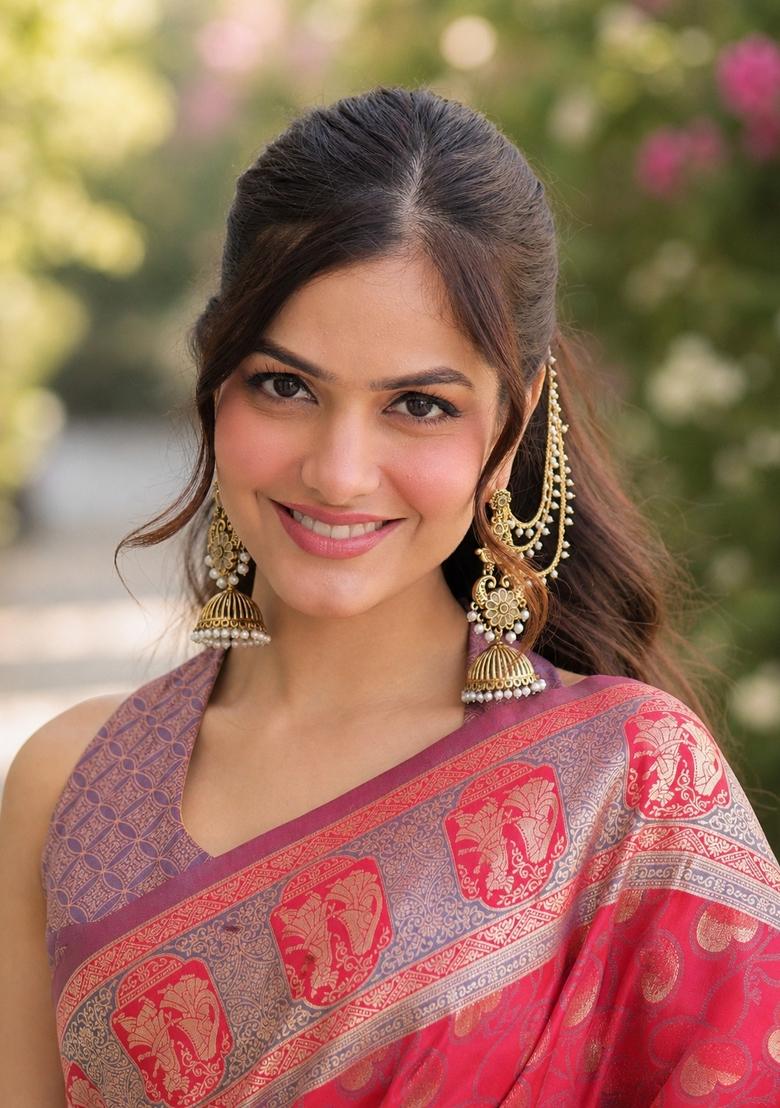 Pink Embroidered Banarasi Silk Blend Saree Set - Indya